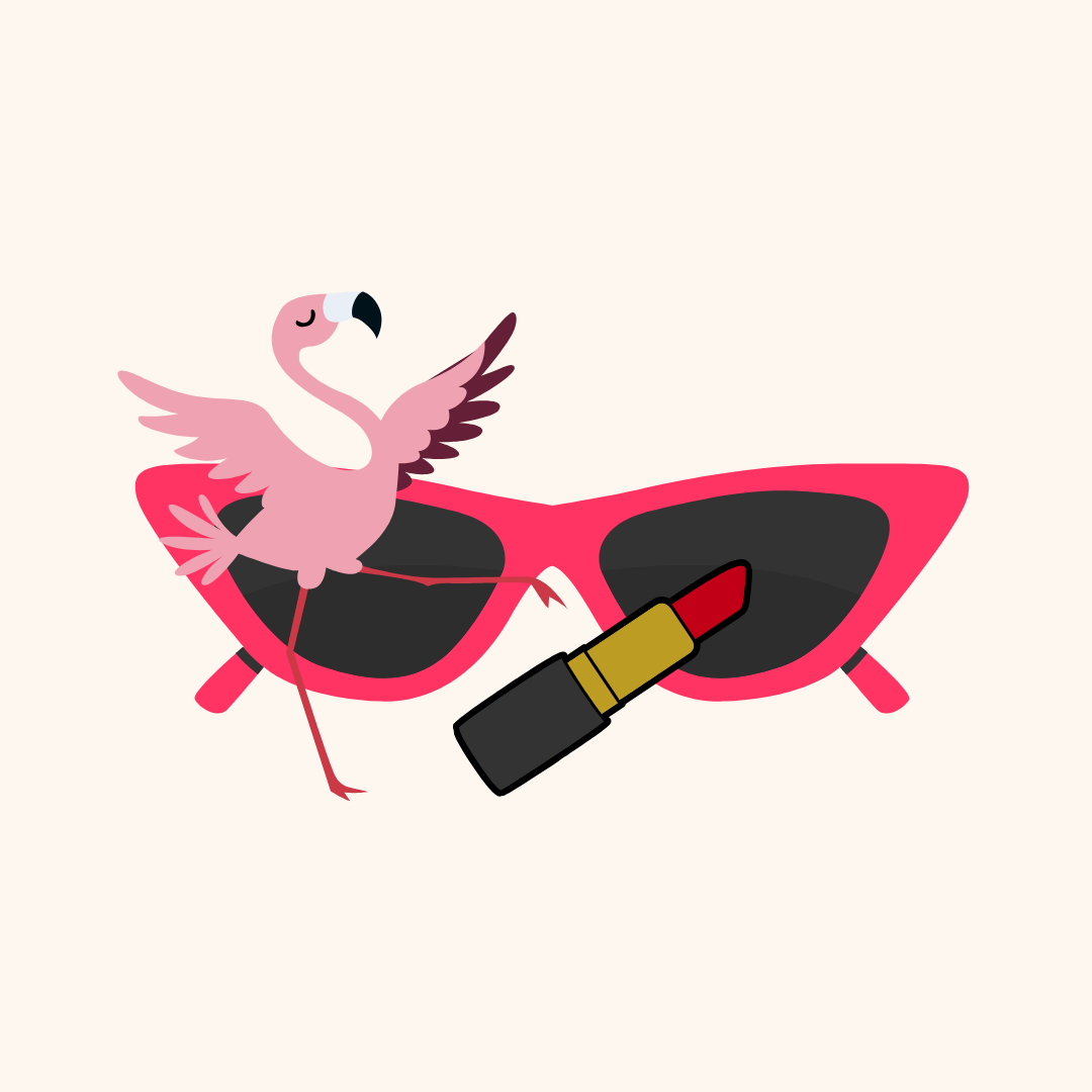 A flamingo perched on hot-pink sunglasses beside a lipstick.