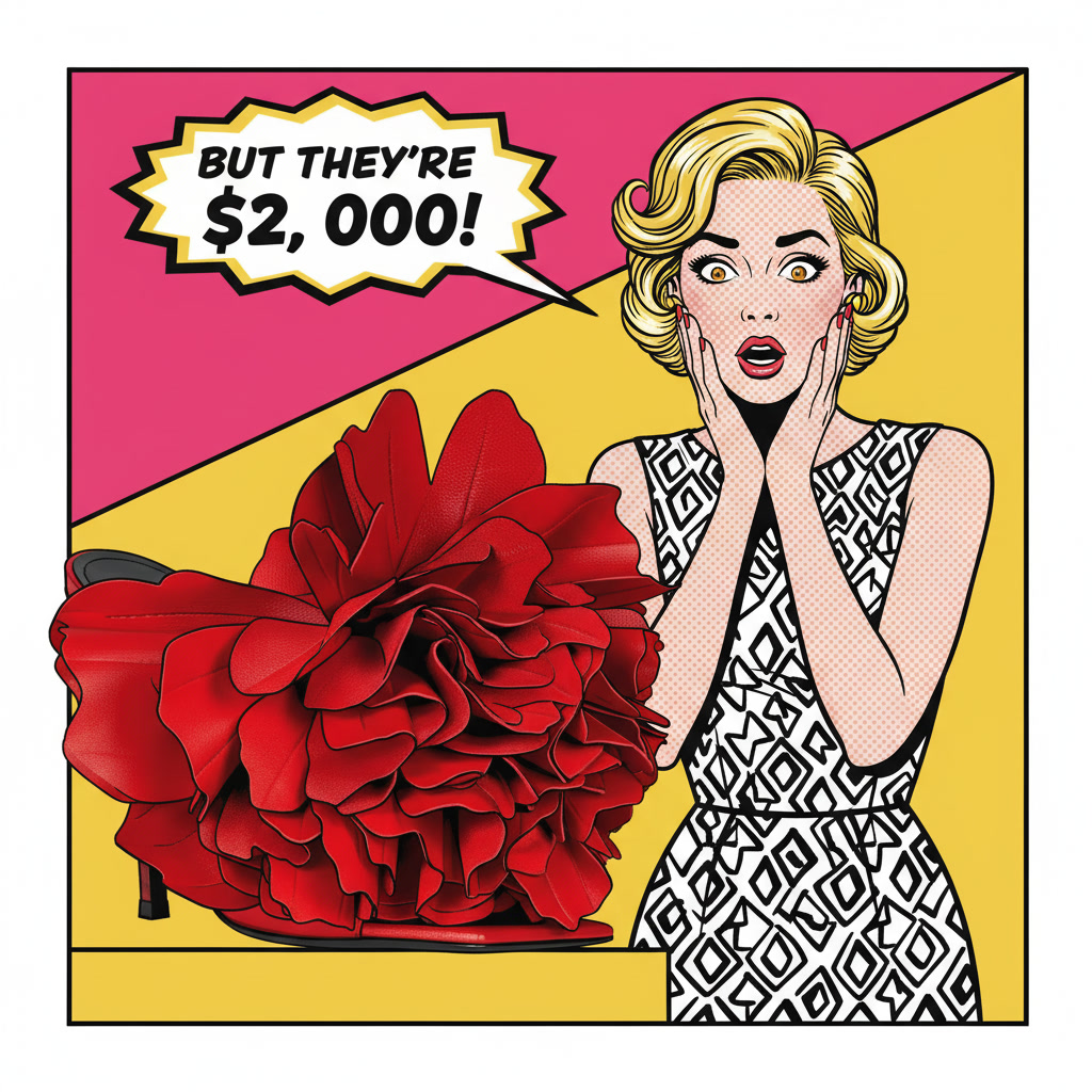 Pop-art illustration of a woman beside enormous red Givenchy rose-petal heeled mules with a speech bubble reading, “But they’re $2,000!”