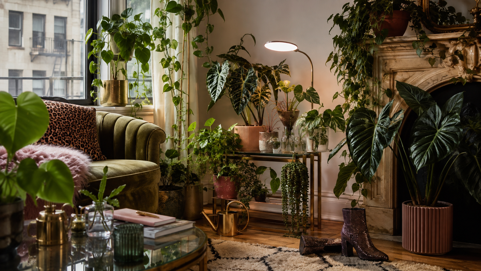 A sunlit living room filled with houseplants, grow lights, shelves of cuttings, and a green velvet chair.
