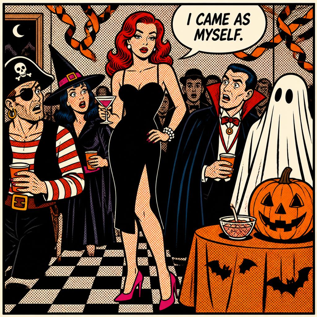 Pop-art illustration of a red-haired woman in black and pink heels at a Halloween party, surrounded by costumed guests; her speech bubble reads “I CAME AS MYSELF.”