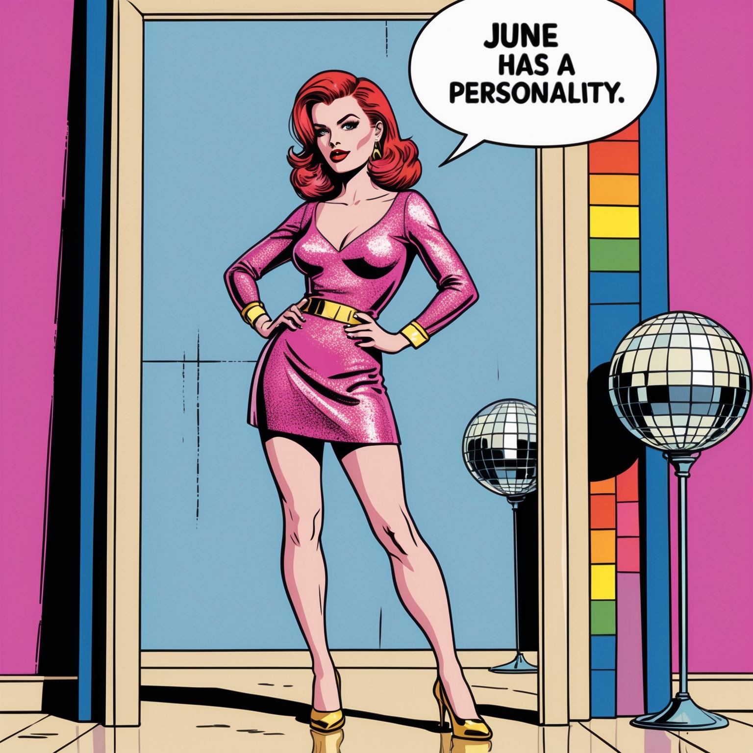 Pop-art illustration of a woman in a pink sequin dress with a speech bubble reading 'June has a personality.'