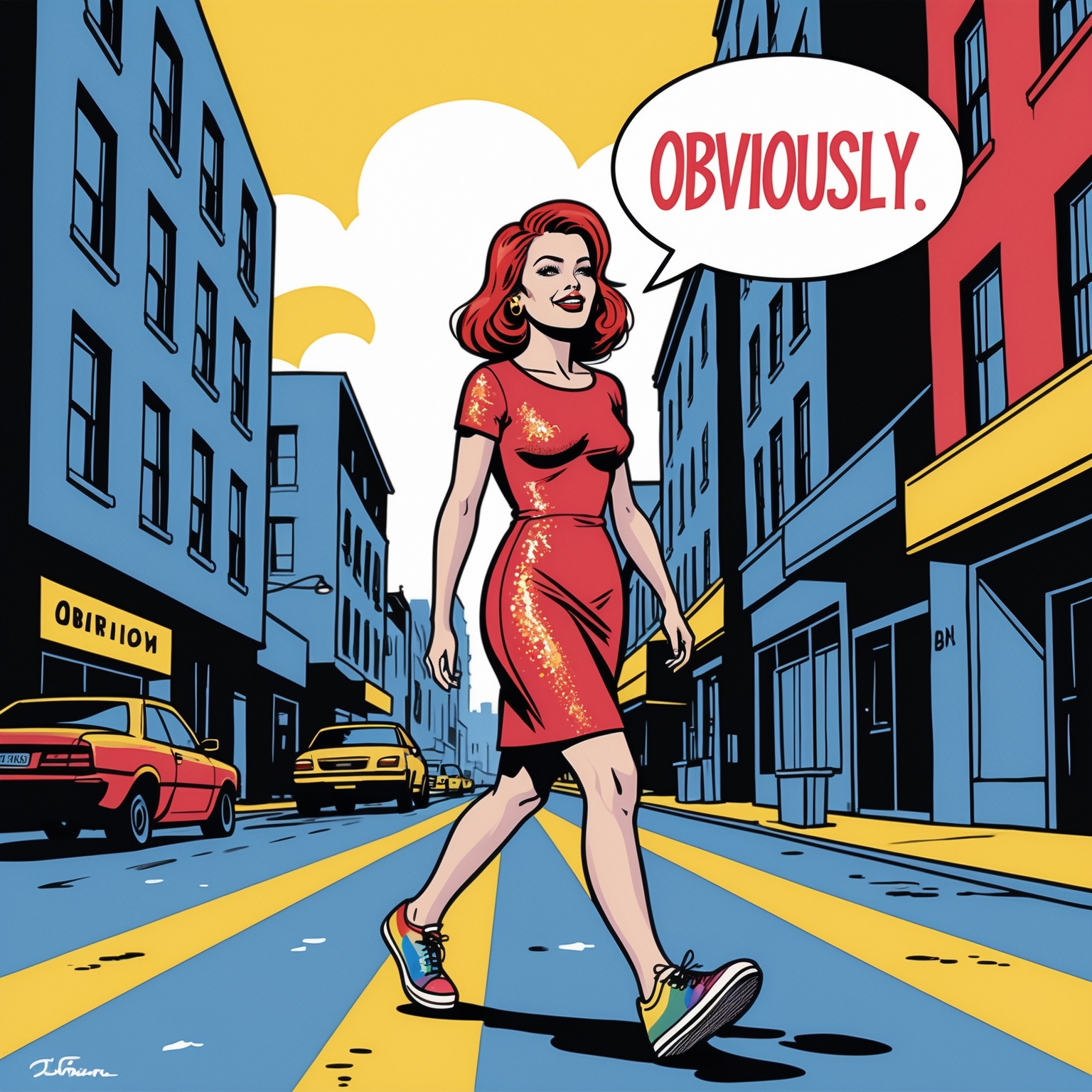Pop-art illustration of a woman in a red sequin dress walking confidently down a city street with a speech bubble reading 'Obviously.'