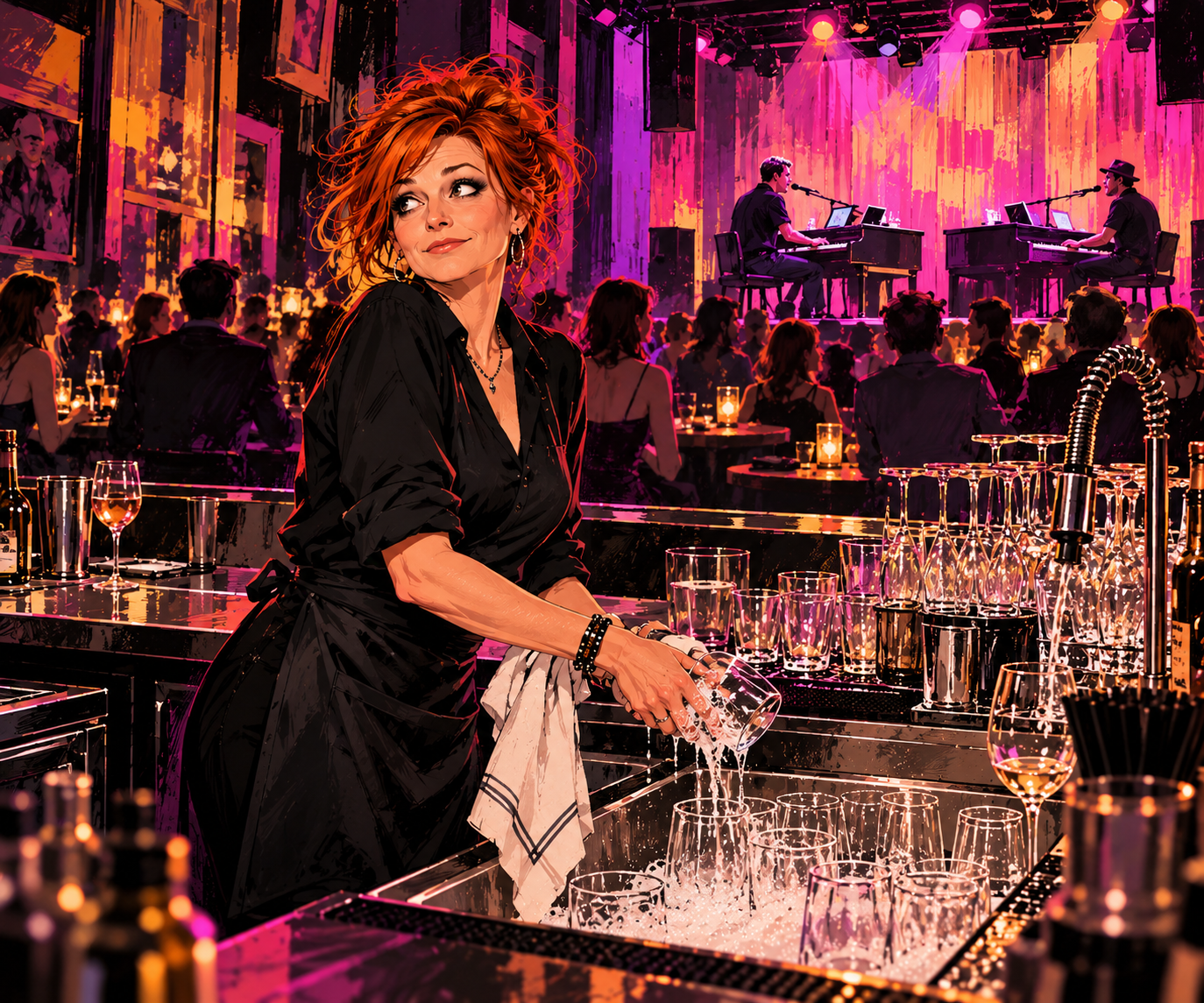 A red-haired bartender washes glasses behind a neon-lit bar while two pianists perform for a crowd.