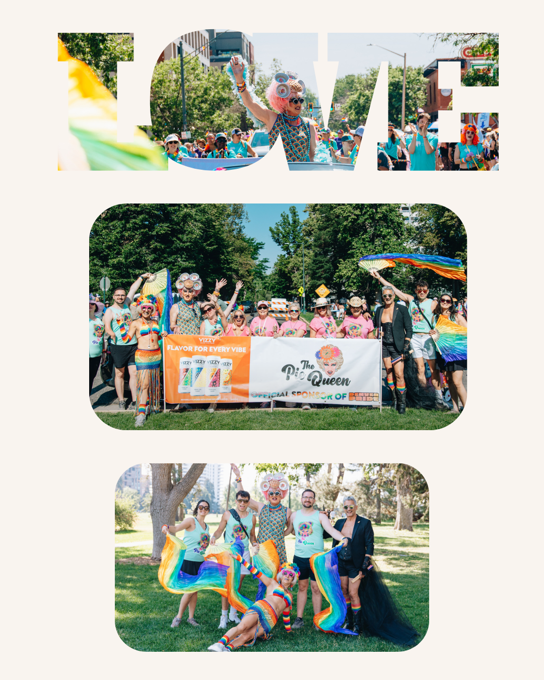 Pride — The Pie Queen crew at Denver Pride, photographed through the word LOVE.