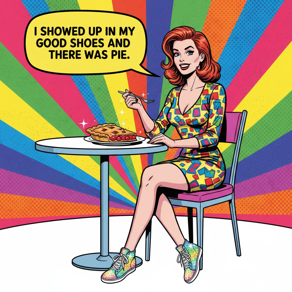 Pop-art illustration of a woman in a colorful dress sitting at a table with a slice of pie, wearing rainbow sequin sneakers, speech bubble reading 'I showed up in my good shoes and there was pie.'