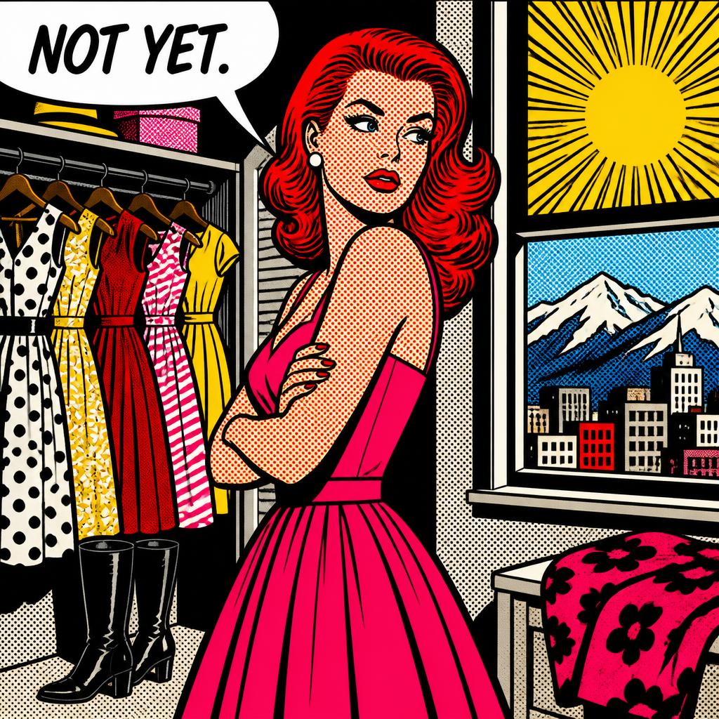 Pop-art illustration of a red-haired woman in a pink dress beside waiting black boots and a speech bubble reading "NOT YET." Sunny Denver and snowy mountains appear outside.