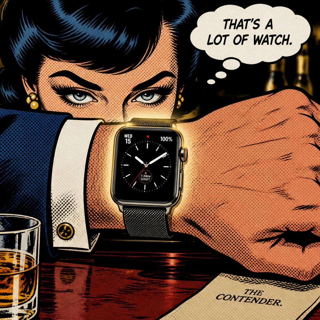 Pop-art illustration of a dark-haired woman checking her smartwatch, with the thought “That’s a lot of watch” and a newspaper labeled “The Contender.”