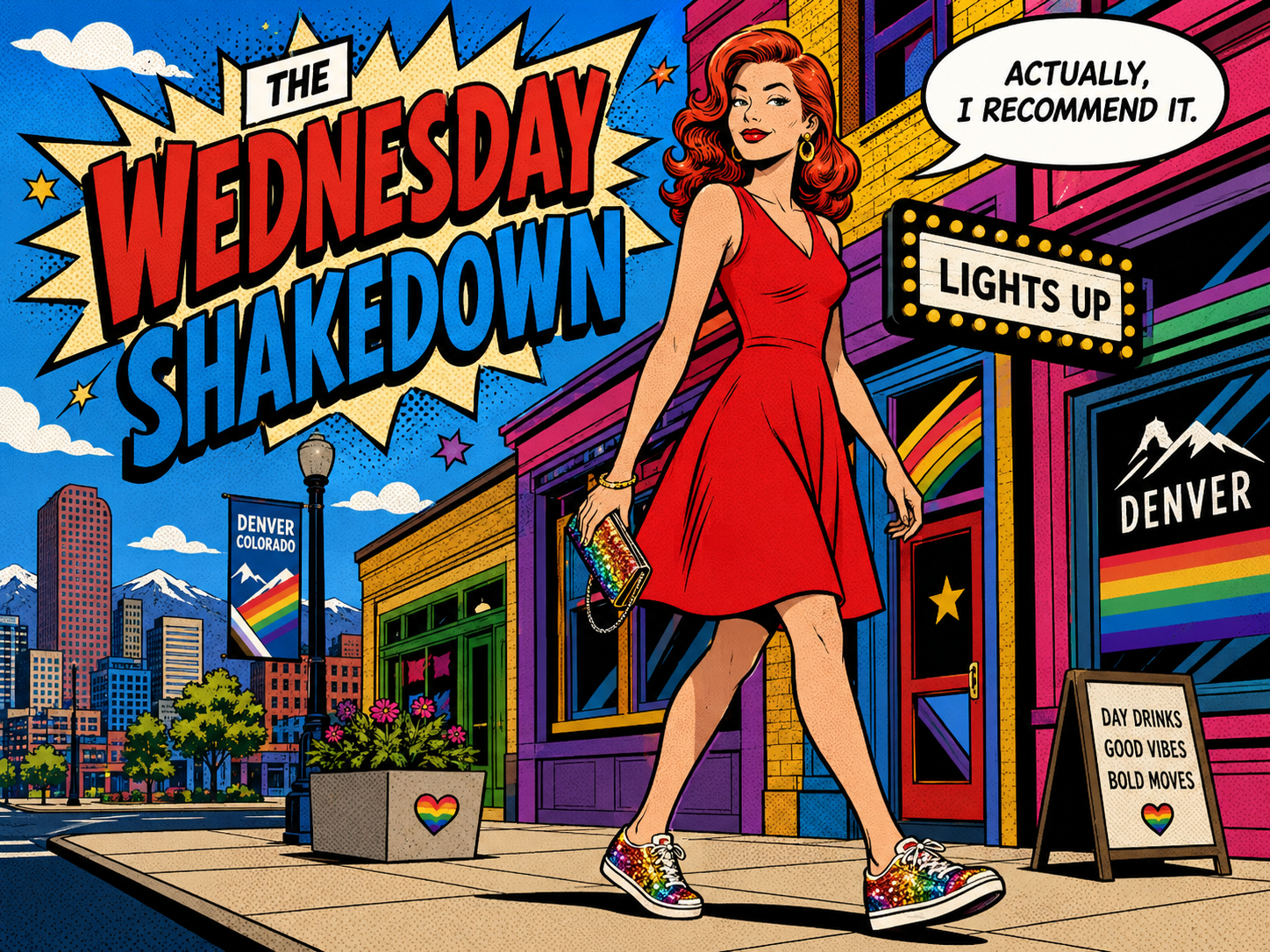 Pop-art illustration of a woman in a red dress walking past Denver bars with a speech bubble reading 'Actually, I recommend it.'