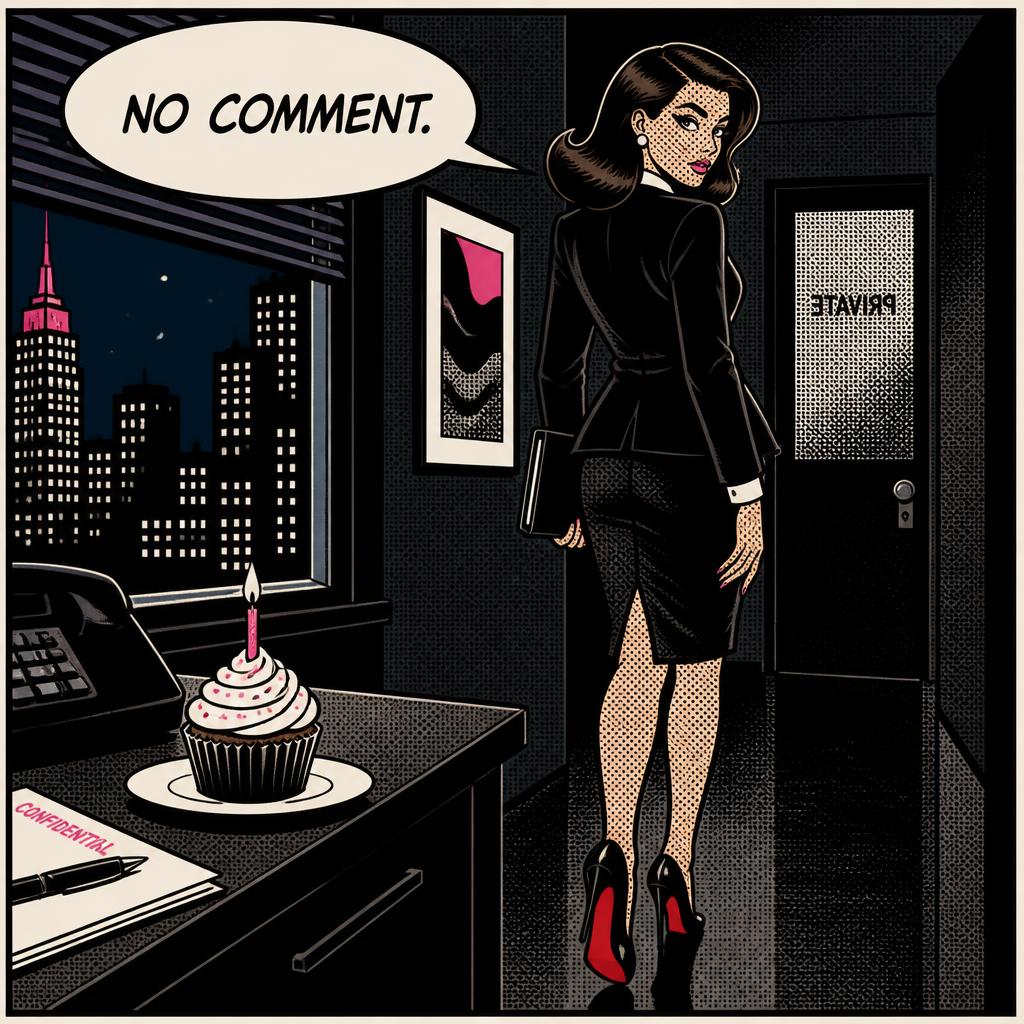 Pop-art illustration of Nina in black tailoring and red-soled heels beside a birthday cupcake in a dark New York office, with a speech bubble reading “NO COMMENT.”