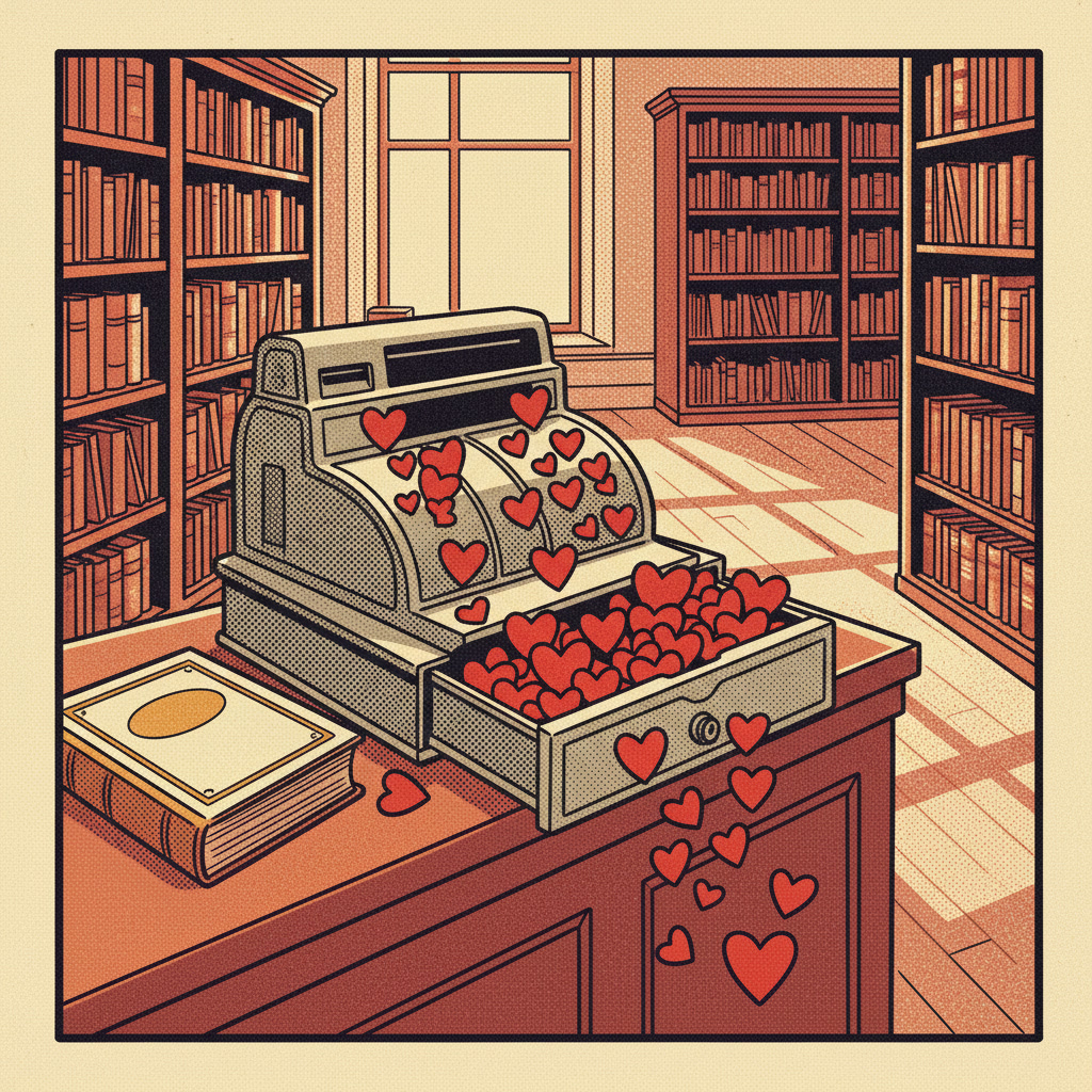 Illustration of a vintage cash register overflowing with red hearts inside a bookstore.